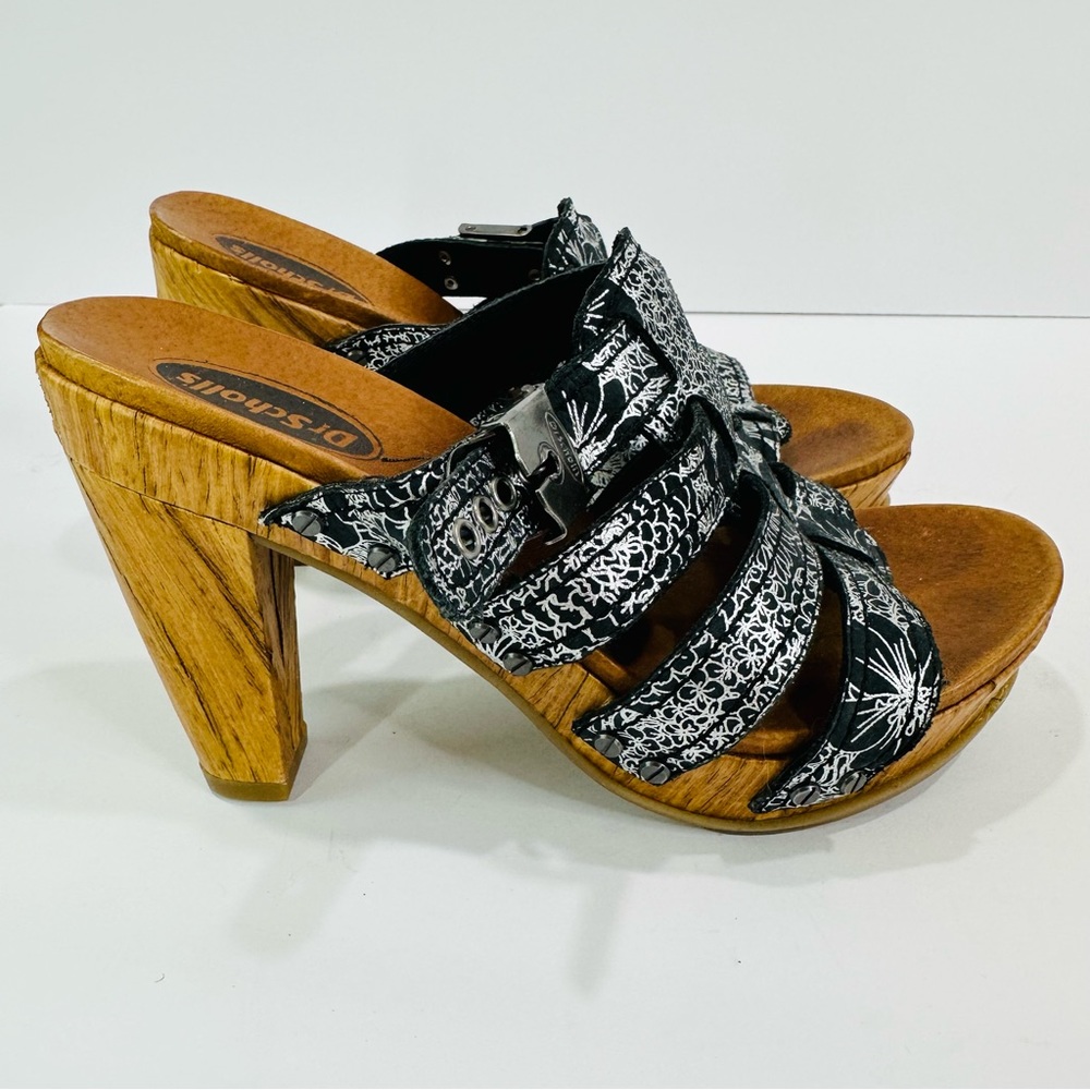 ULTRA RARE DR SCHOLL’S 3” SIZE 6 PLATFORM SANDALS BLACK WITH SILVER PATTERN - Picture 5 of 9